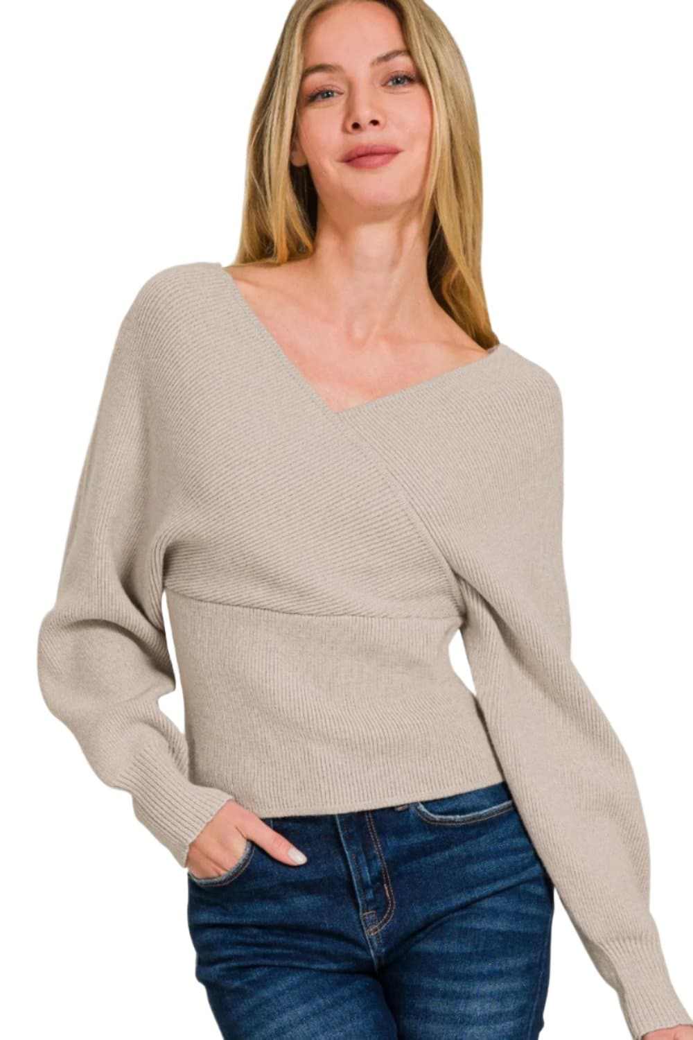 Zenana ribbed cross wrap sweater - Love Salve